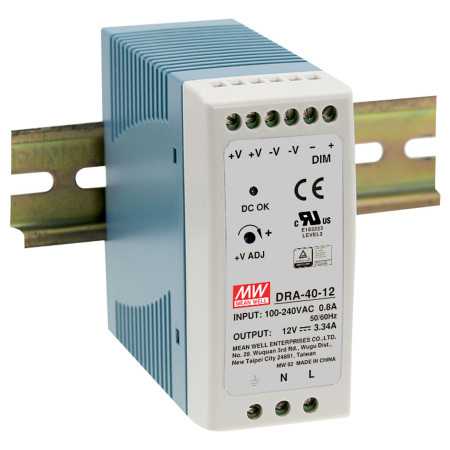 DRA-40-12 DIN rail power supply, 40.08W, 12V, 3.34A, MEAN WELL - BiF Electronic