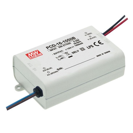 PCD-16-350B : driver LED, Classe 2, 16 W, 24-48 V, 350 mA CC, gradable, MEAN WELL
