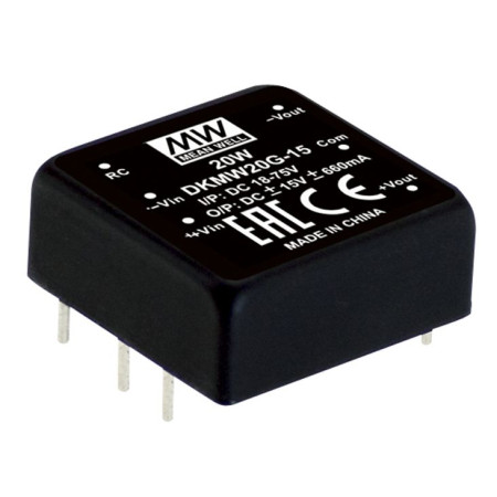 Convertisseur CC/CC DKMW20G-15 18-75 V : ±15 V, 830 mA, 20 W, MEAN WELL