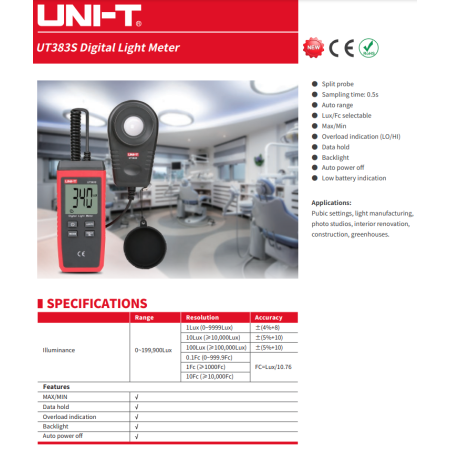 UT383S Mini Light Meter, Luxmeter