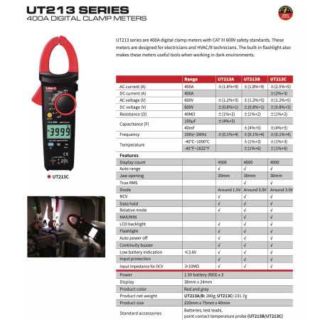 UT213C Clamp Meter, True RMS, 400A, 600V CAT III