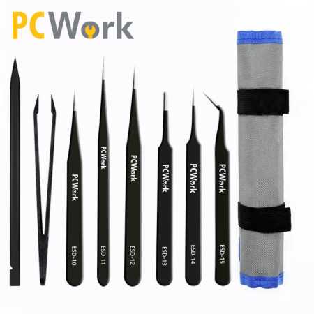 PCW08F Tweezer set, ESD safe, 8 pieces, stainless steel
