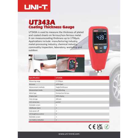 UT343A Coating Thickness Gauge Paint Layer Gauge Paint Tester 0~1750µm Paint Gauge